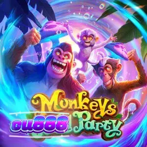 Tampilan visual slot Monkeys Wild Party dengan grid 5x5 dan tema hutan yang ceria.