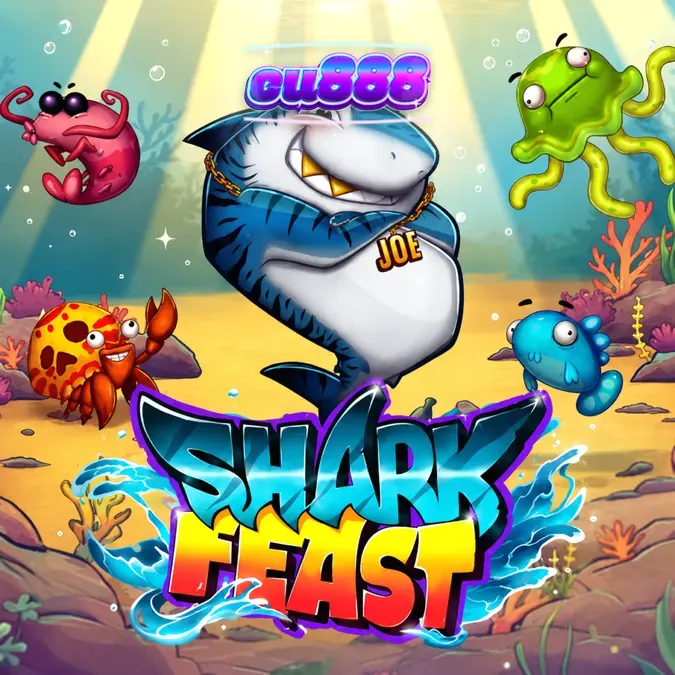 Tampilan visual slot Shark Feast dengan tema pesta bawah air yang penuh warna